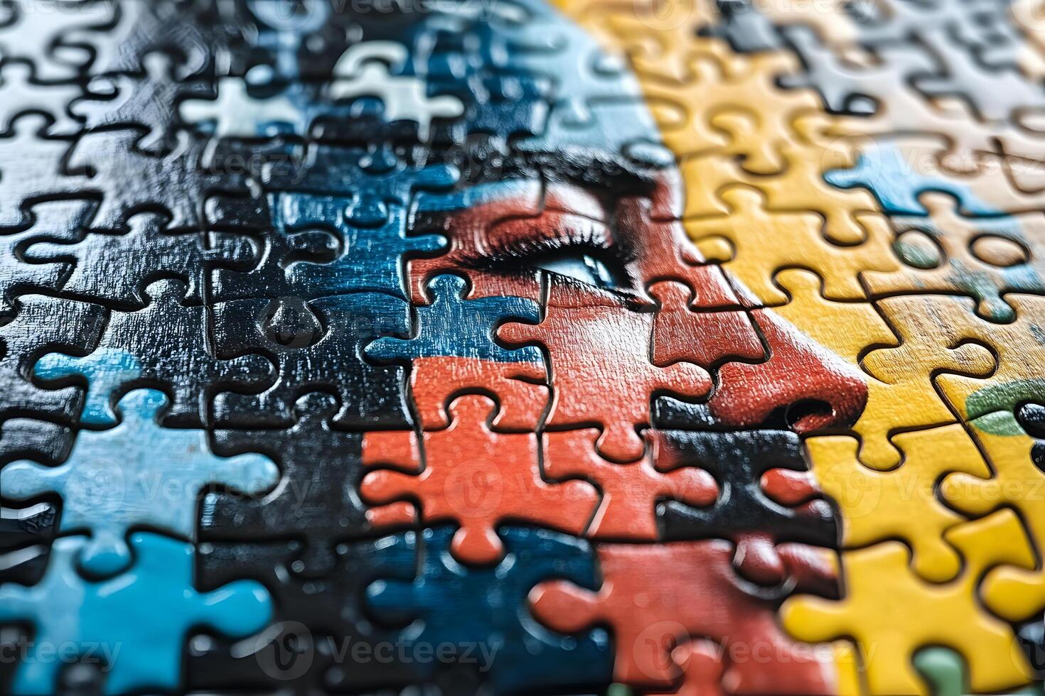 Close-Up of Colorful Jigsaw Puzzle Featuring Artistic Portrait Design for Creativity and Brain Teasers photo