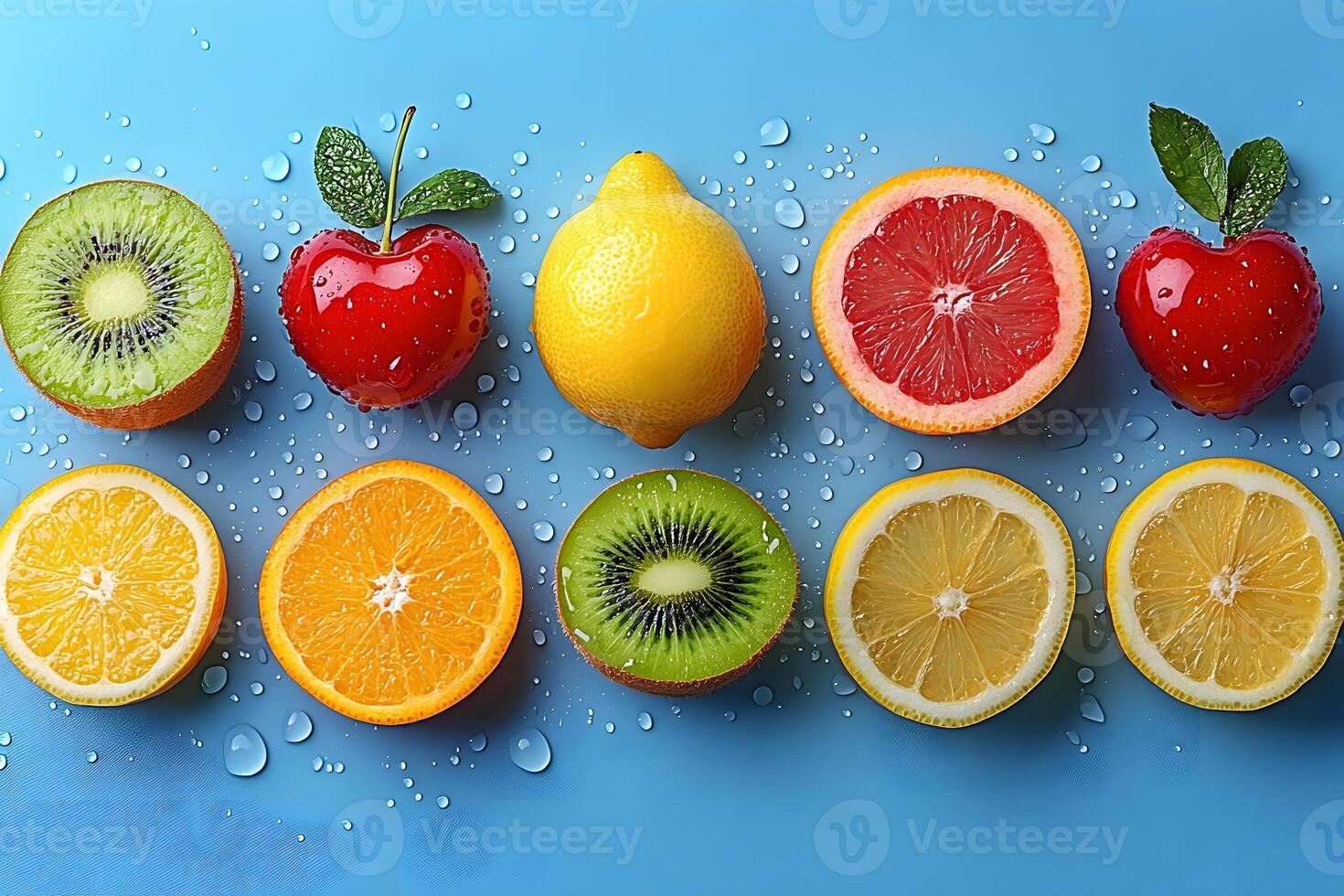 Vibrant Fruit Medley on Blue Background for Fresh and Healthy Designs photo