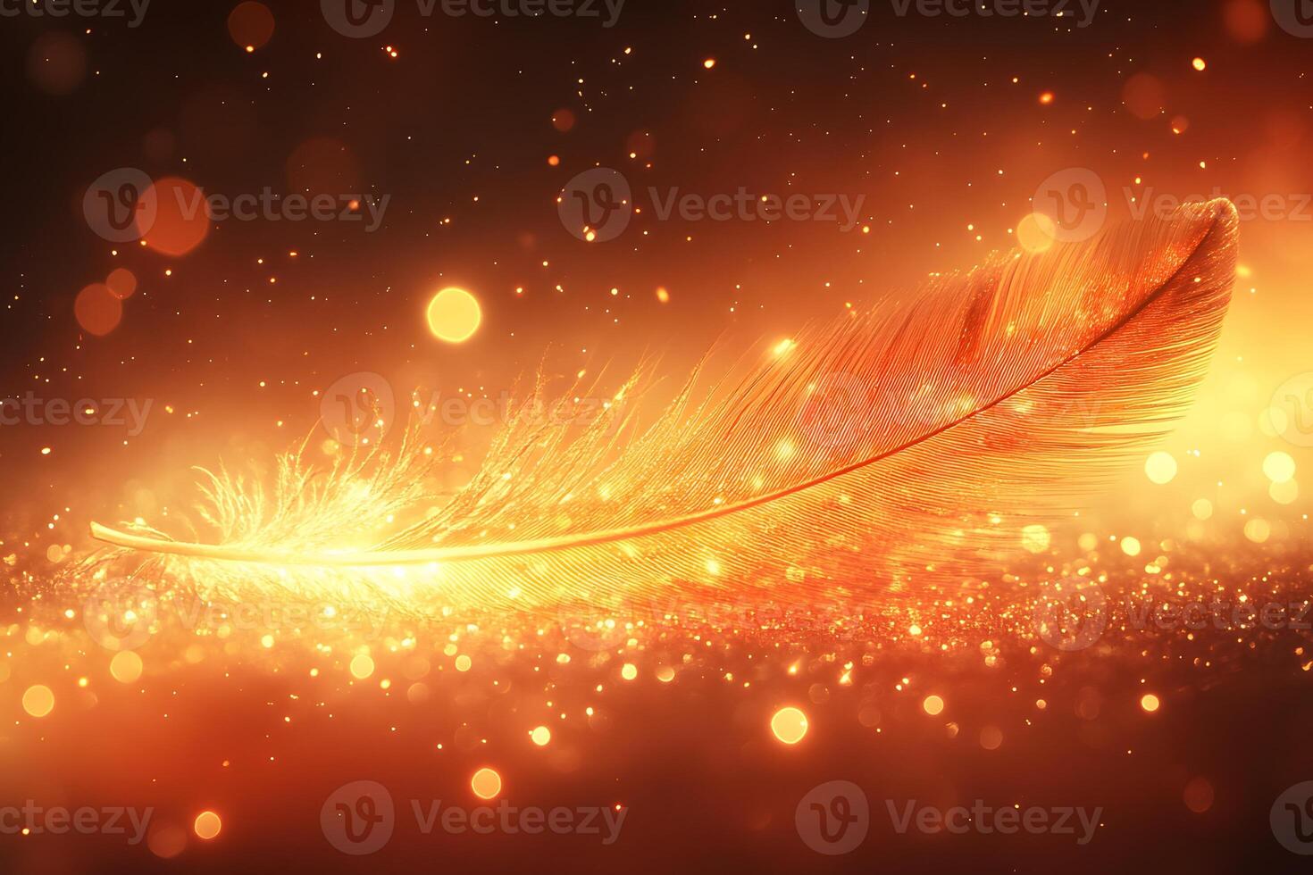 Magical Golden Feather in Glowing Sparkling Light for Fantasy Design photo
