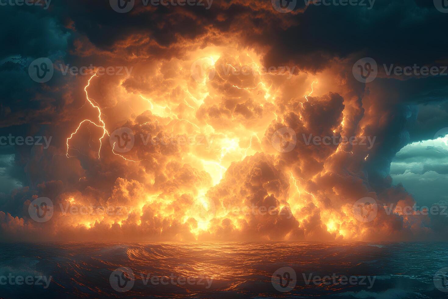 Fiery Ocean Thunderstorm - Dramatic Sky with Lightning and Waves photo