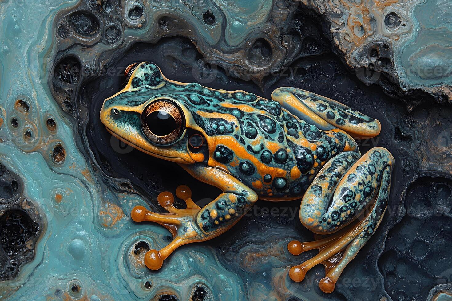 Vibrant Blue and Orange Patterned Frog in Textured Abstract Art Setting photo