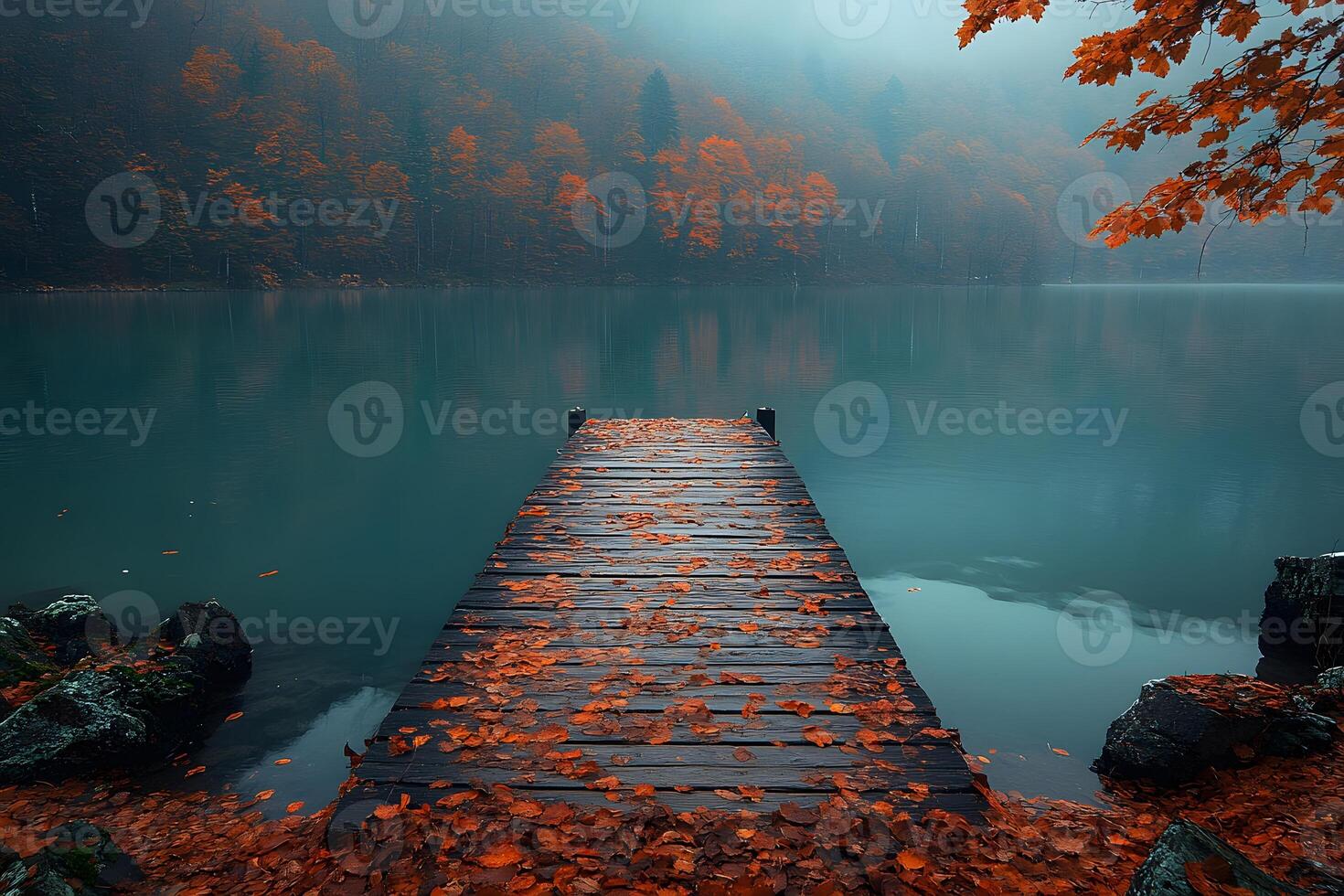 Tranquil Autumn Lake Pier with Vibrant Foliage for Seasonal Decor and Nature Themes photo