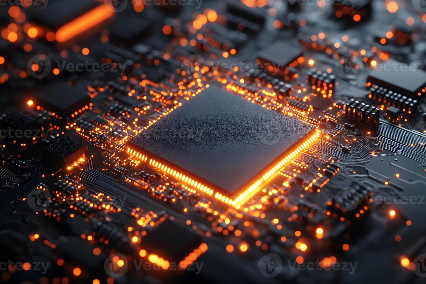 Futuristic Technology Circuit Board with Glowing Semiconductor for High-Tech Design photo