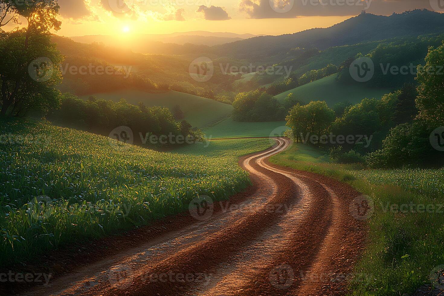 Scenic Sunset Over Serene Winding Road in Lush Green Hills for Tranquil Landscape Design photo