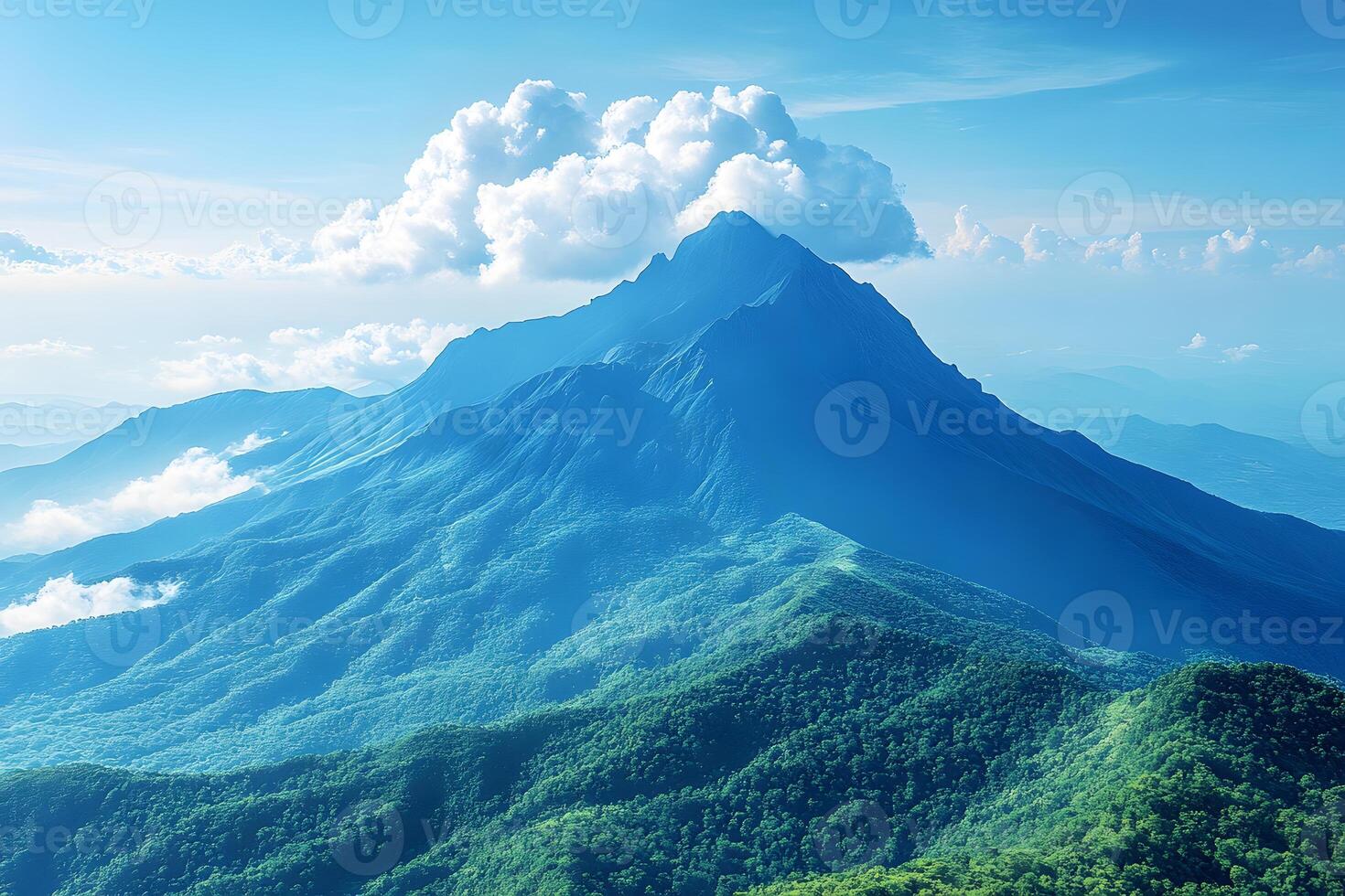 Majestic Mountain Peak with Lush Forest and Dramatic Clouds for Nature and Travel Inspiration photo