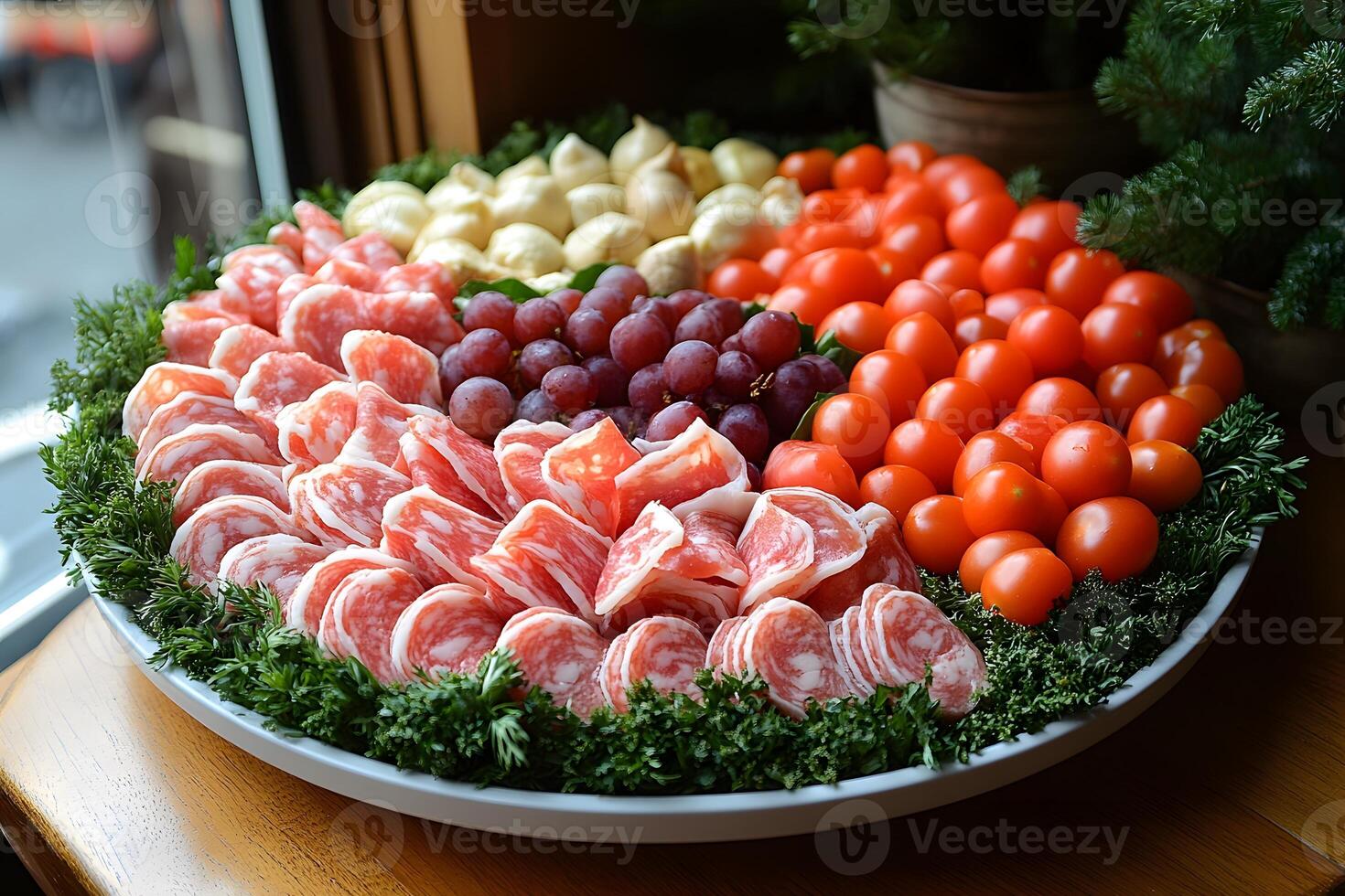 Gourmet Charcuterie Platter with Salami, Cheese, Grapes, and Cherry Tomatoes photo