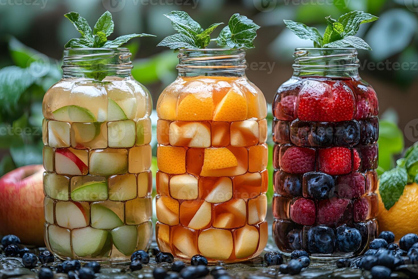 Refreshing Fruit Infused Water with Apples, Oranges, and Berries in Jars photo