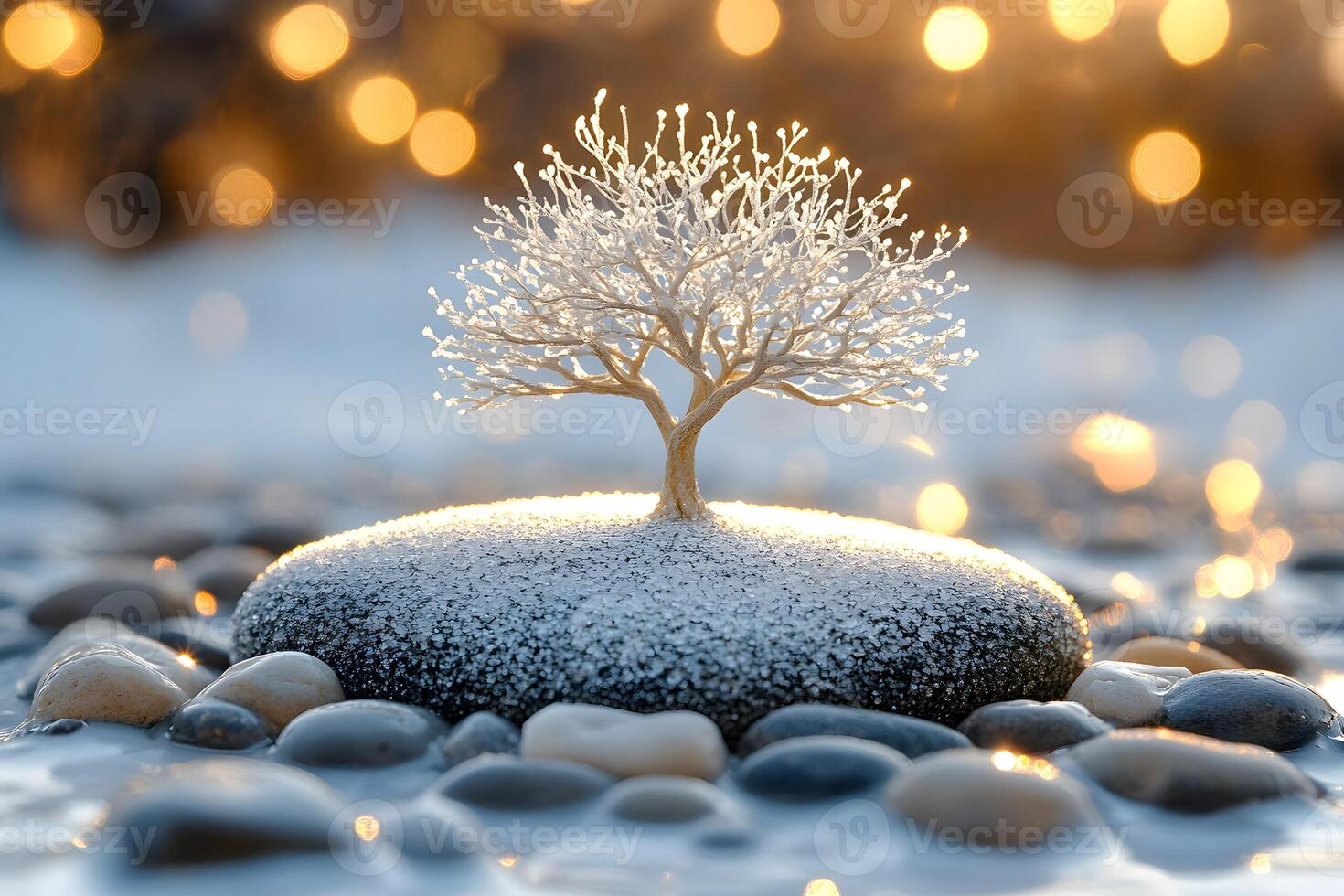 Winter Serenity Frost-Covered Bonsai Tree on Pebble for Tranquil Design photo