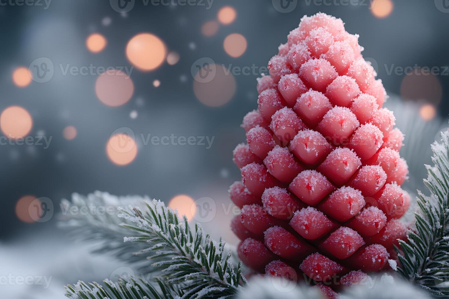 Frosted Pink Pine Cone with Fir Branches and Glowing Bokeh for Holiday Design photo