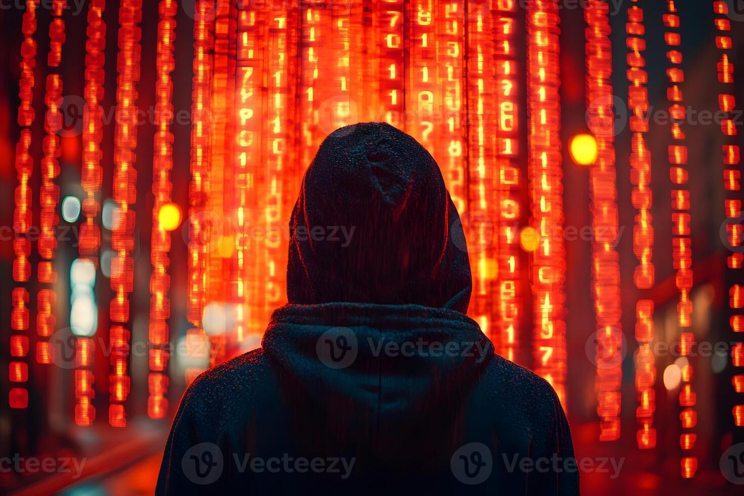 Cybersecurity Threat in Digital Age - Anonymous Hacker in Encrypted Data Stream photo