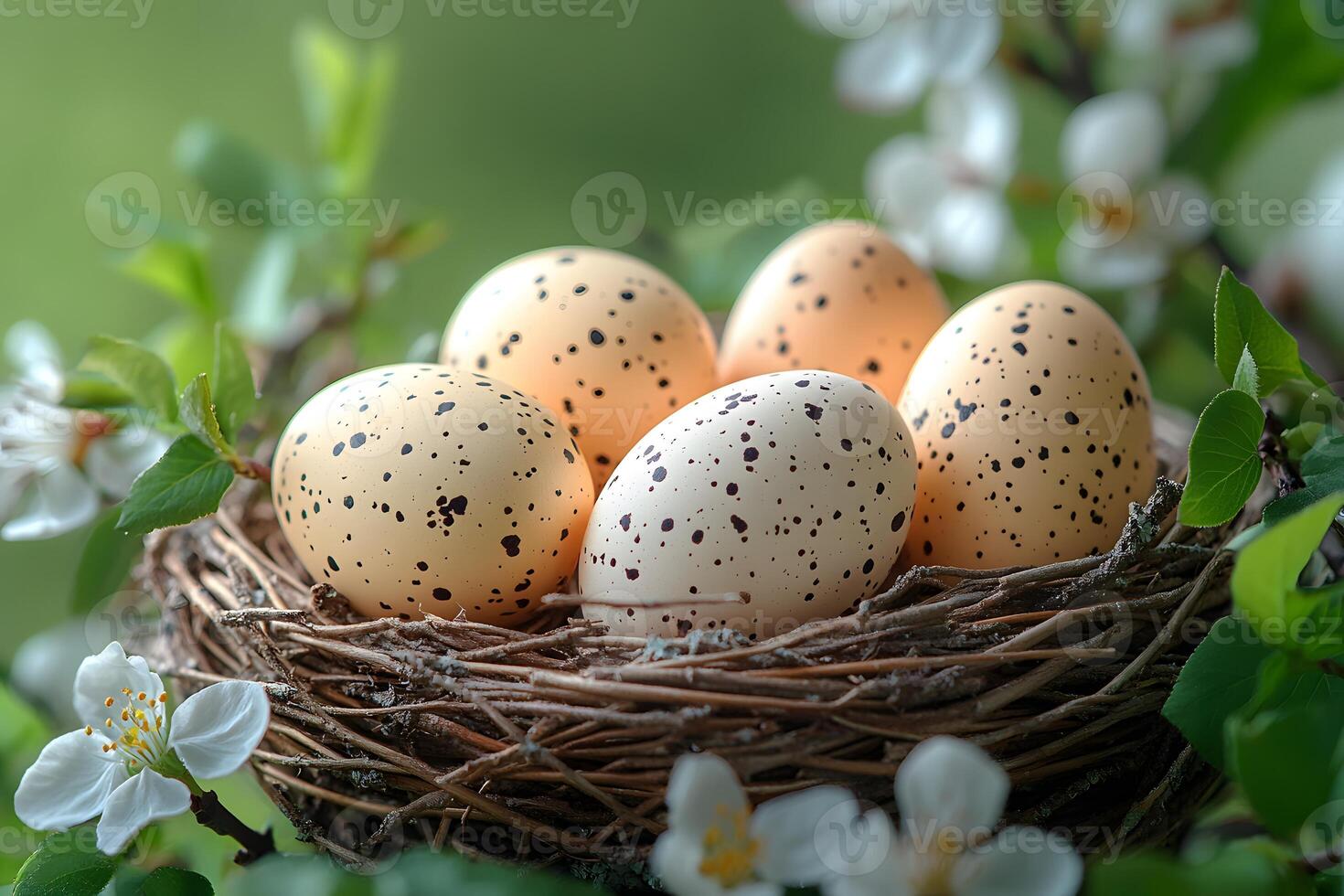 Speckled Eggs in Nest Amid Blossoming Branches for Easter Spring Decor photo