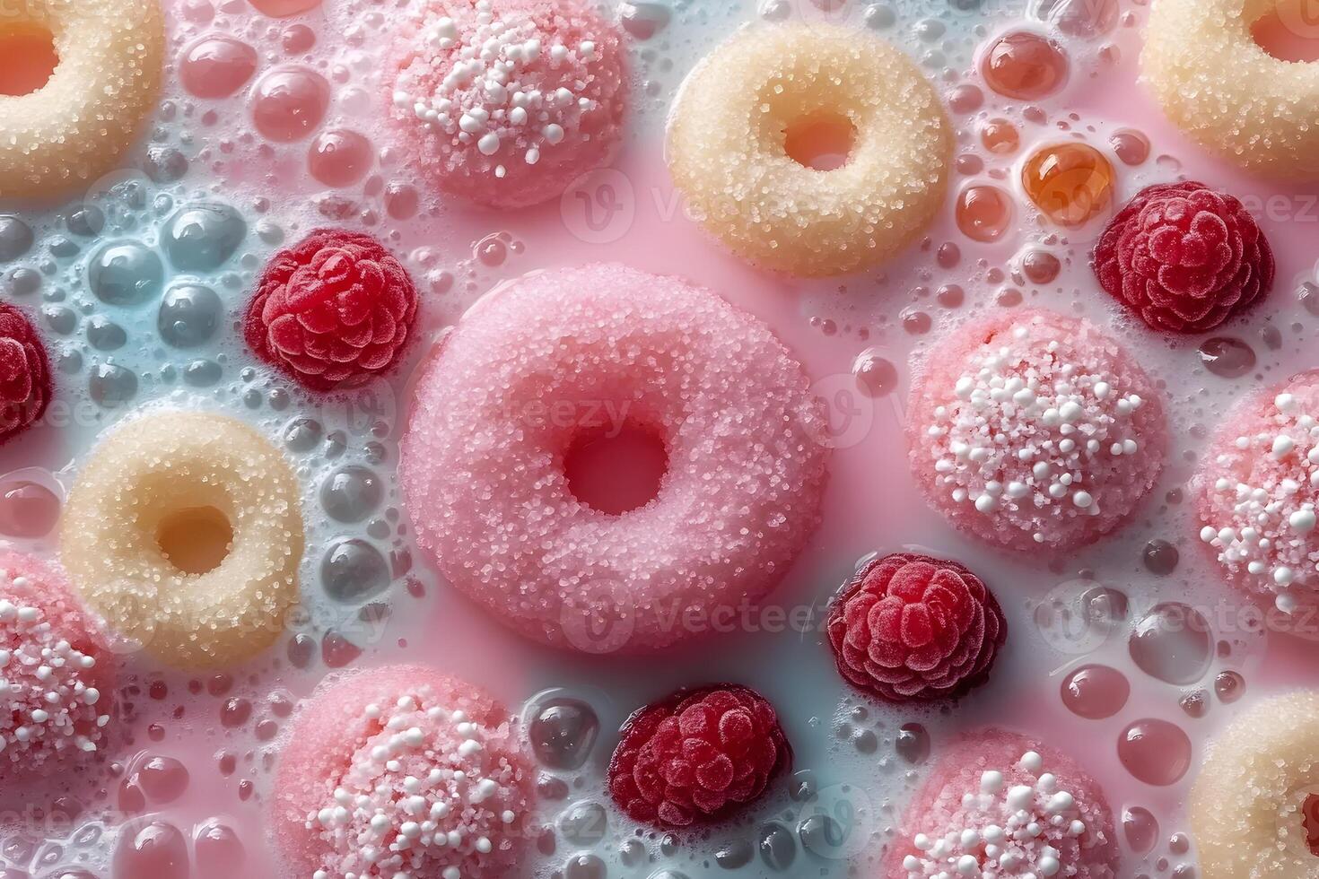 Sugary Donuts and Berries in Pastel Liquid for Artistic Design and Conceptual Themes photo