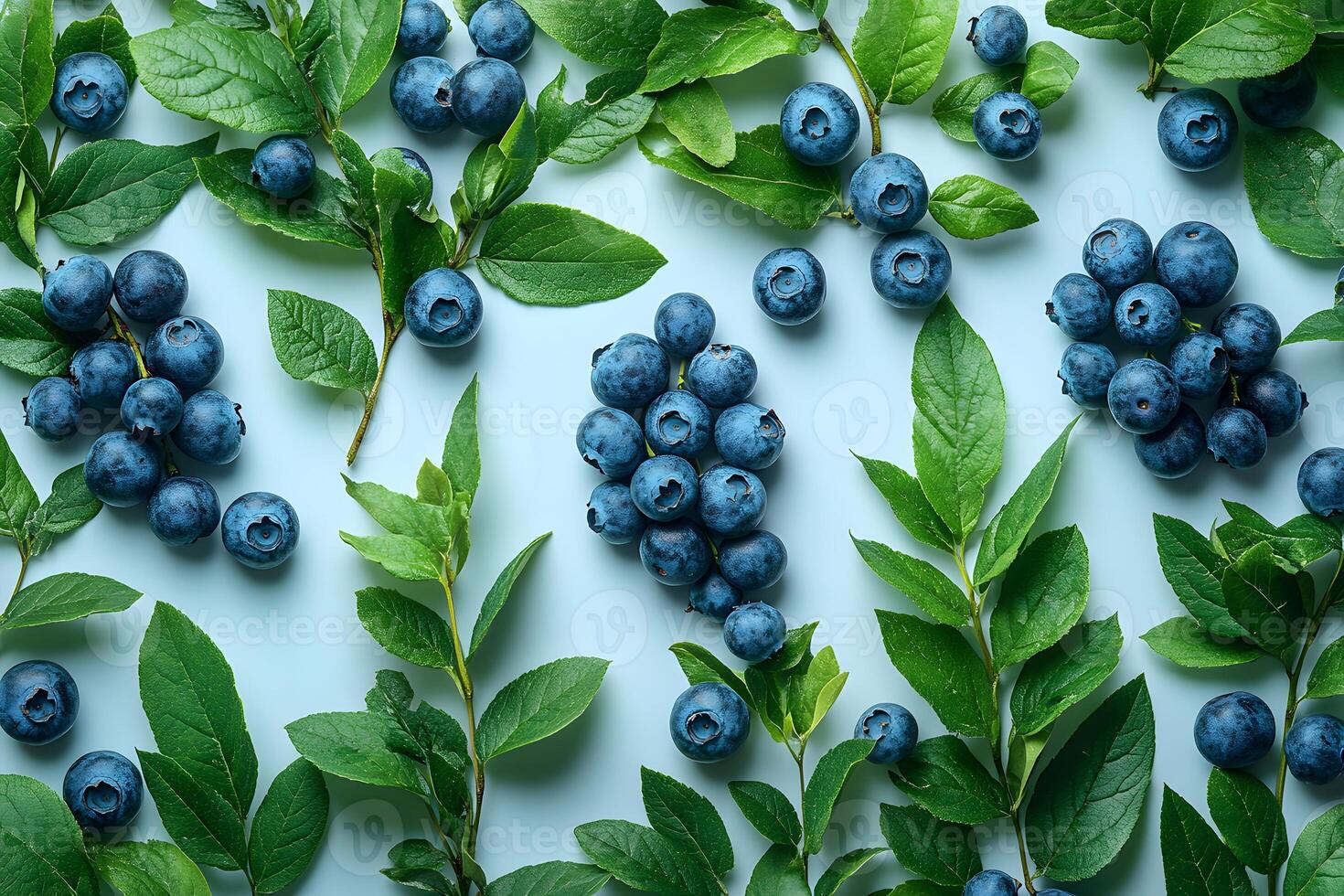 Fresh Berries and Green Leaves Pattern on Light Blue Background for Modern Design photo
