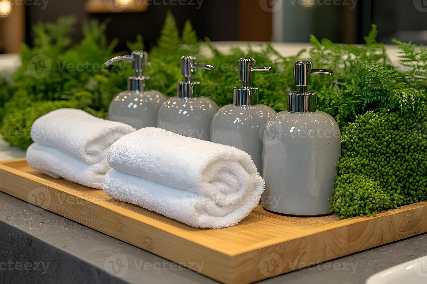 Spa Luxury Elegant Bathroom Decor with Towels, Greenery, and Lotion Bottles photo