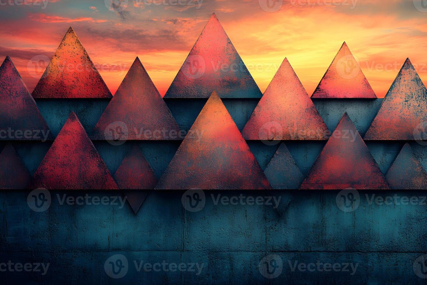 Geometric Abstract Landscape with Vibrant Triangle Patterns at Sunset photo