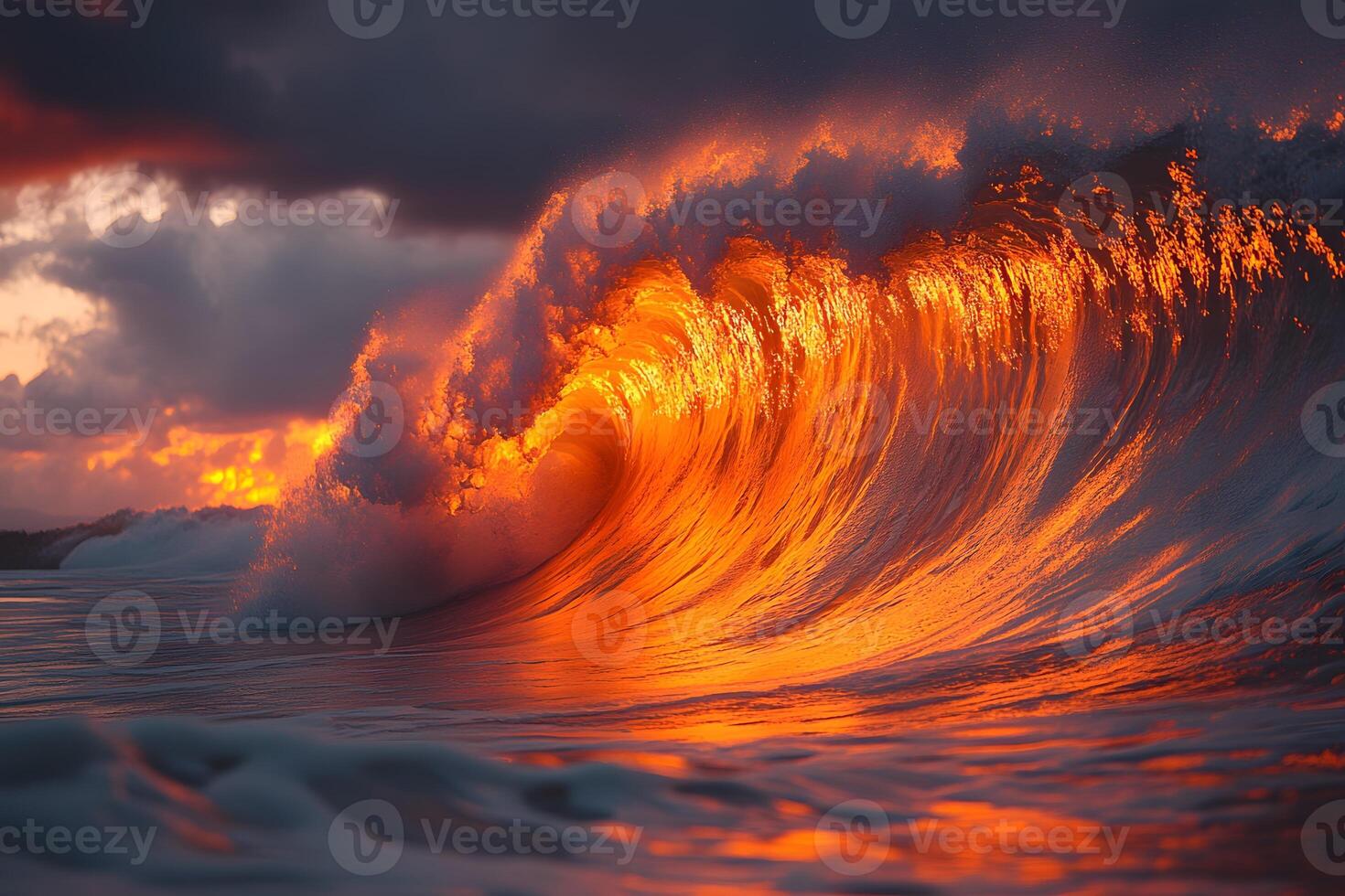 Dramatic Ocean Wave at Sunset Nature's Fiery Spectacle for Print and Poster Design photo