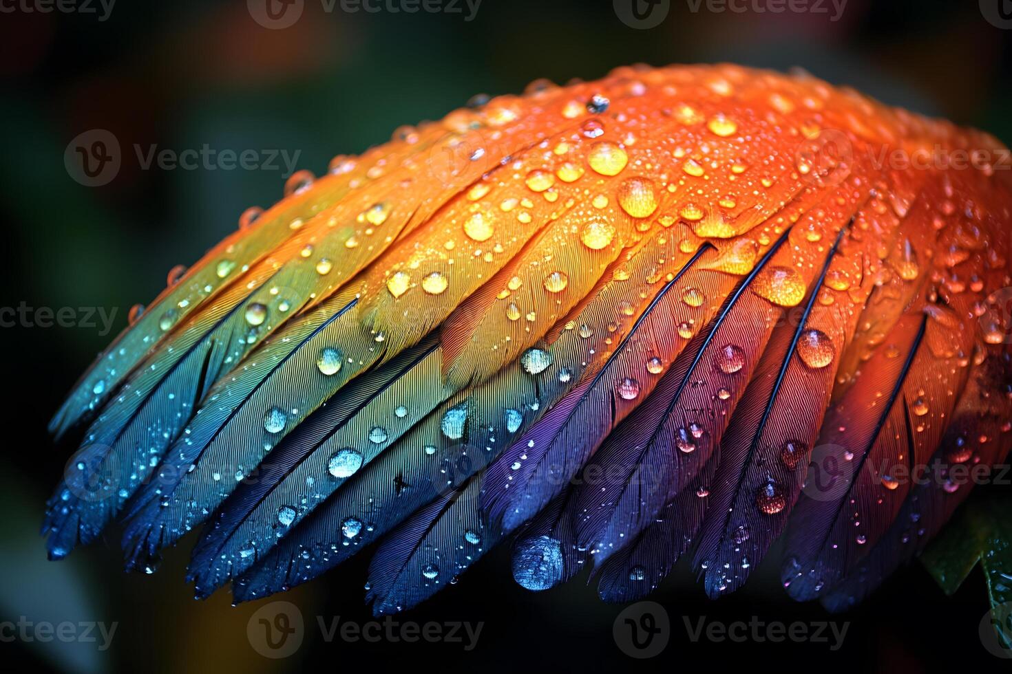 Vibrant Rainbow Bird Feathers with Dew Drops - Nature's Colorful Canvas for Posters and Prints photo