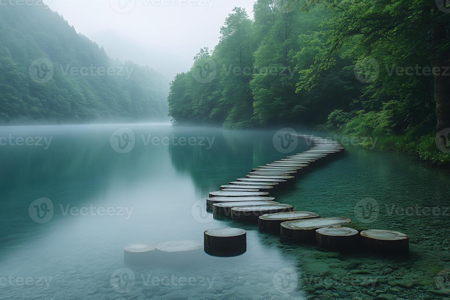 Serene Forest Lake with Misty Atmosphere and Wooden Pathway for Tranquil Retreat photo