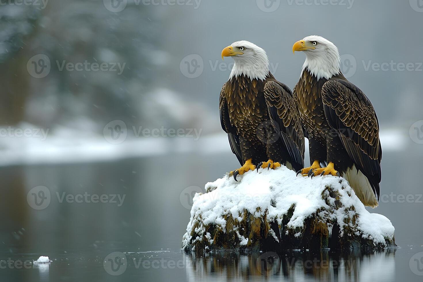 Majestic Bald Eagles Perched on Snowy Riverbank in Winter Wilderness photo
