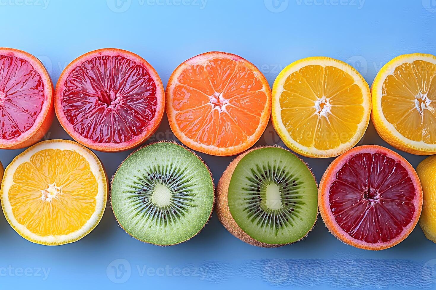 Vibrant Citrus and Kiwi Fruit Slices on Blue Background for Food Design photo
