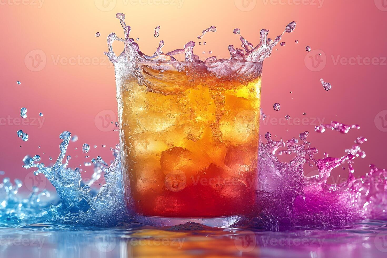 Vibrant Splash of Refreshing Iced Drink Against Colorful Backdrop for Beverage Promotions photo