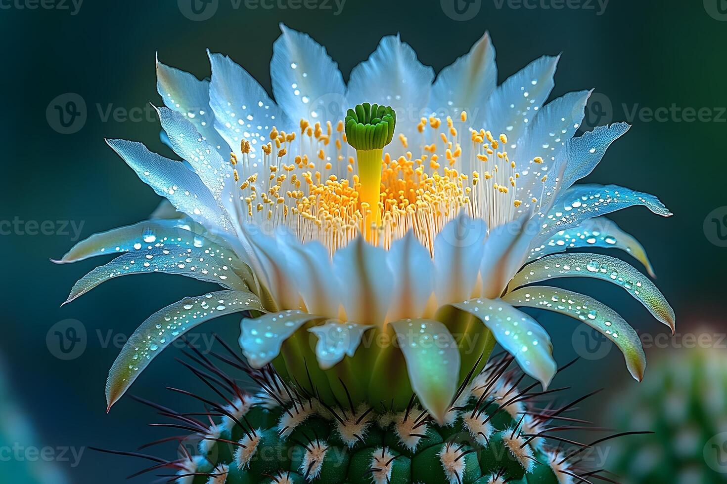 Close-Up of Blooming Cactus Flower with Dewdrops - Nature's Intricate Beauty photo