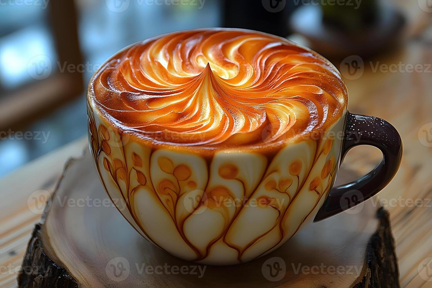 Artisan Coffee with Intricate Latte Art Swirl in Cozy Cafe Setting photo