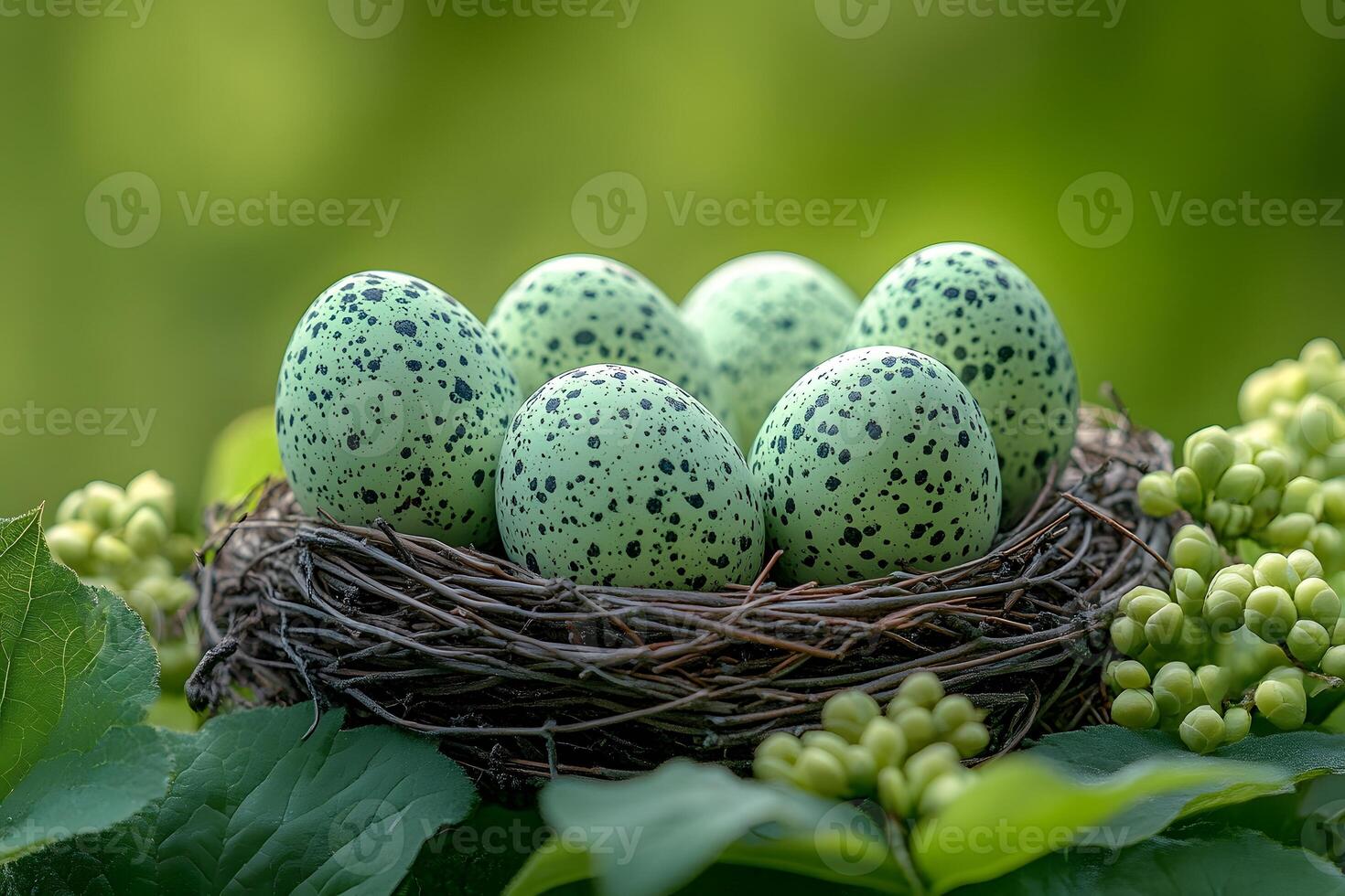 Springtime Nest with Speckled Eggs in Lush Greenery photo