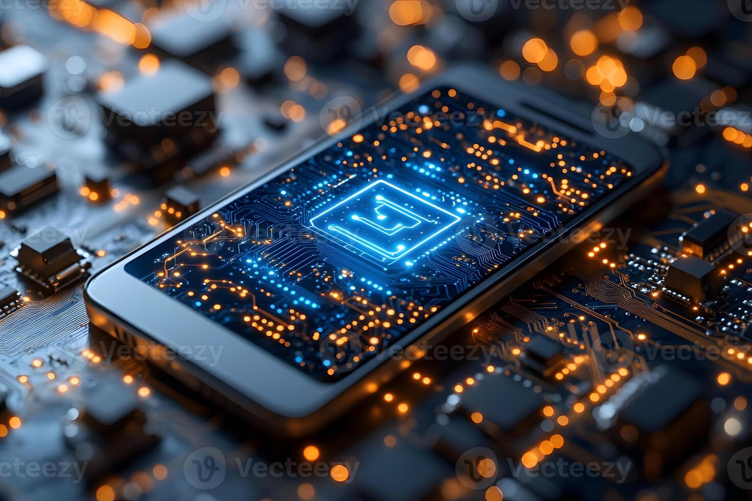 Futuristic Smartphone with Microchip on Circuit Board for Technology Concepts photo