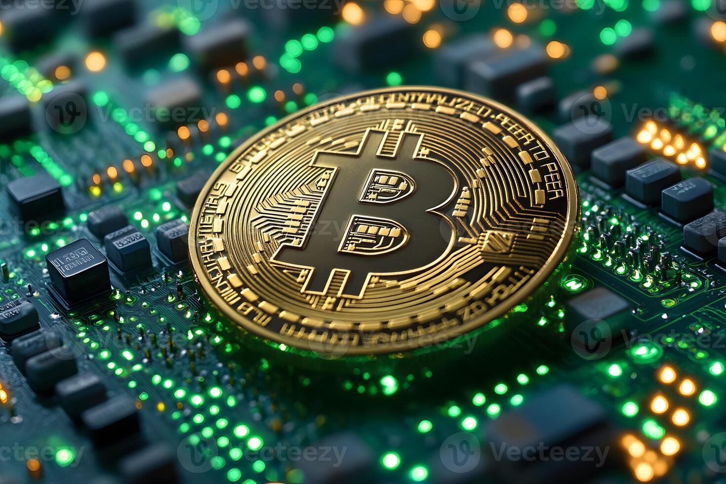 Bitcoin Cryptocurrency on Electronic Circuit Board for Digital Currency Concepts photo