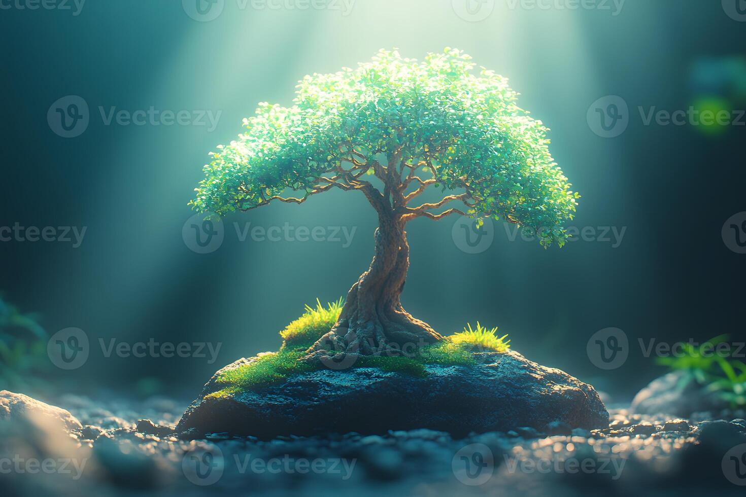 Serene Bonsai Tree Under Soft Sun Rays for Tranquil Design and Meditation photo