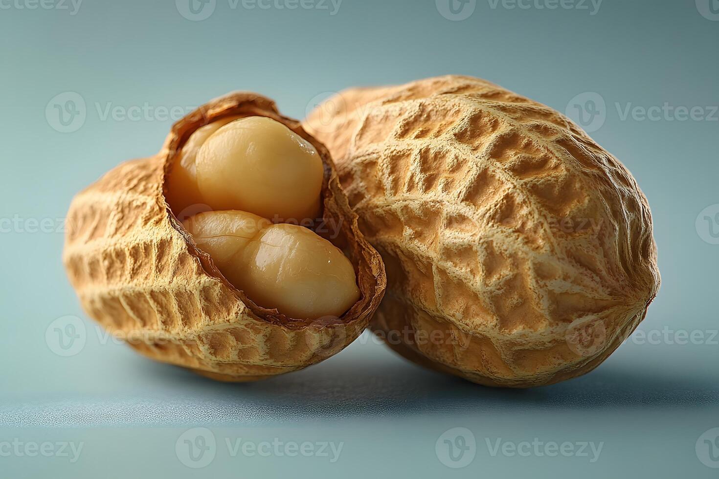 Close-Up of Whole Peanut with Shell on Blue Background for Food Design photo