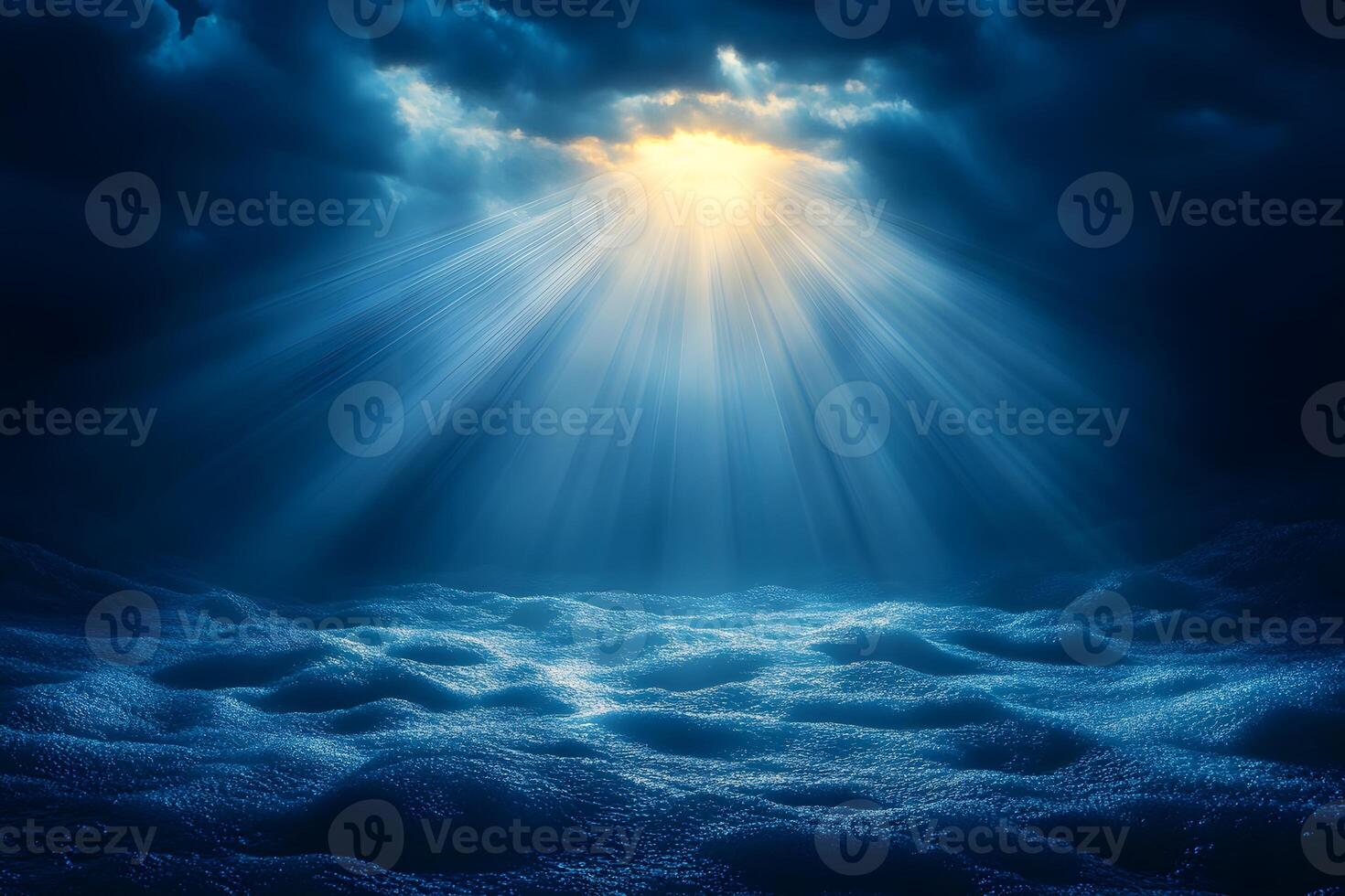 Heavenly Sun Rays Breaking Through Dark Clouds Over Ocean Waves - Serenity and Hope Concept photo
