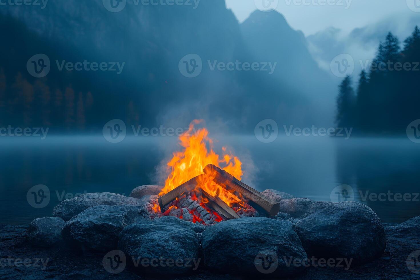 Tranquil Mountain Lakeside Campfire Scene at Dusk for Relaxation and Nature Retreat Concepts photo