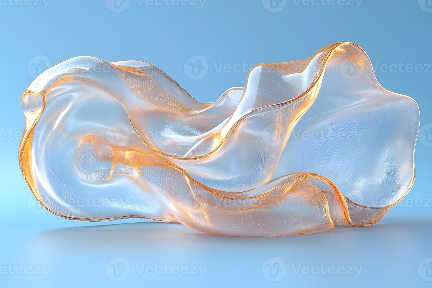 Abstract Fluid Art with Translucent Fabric and Golden Accents on Blue Background photo