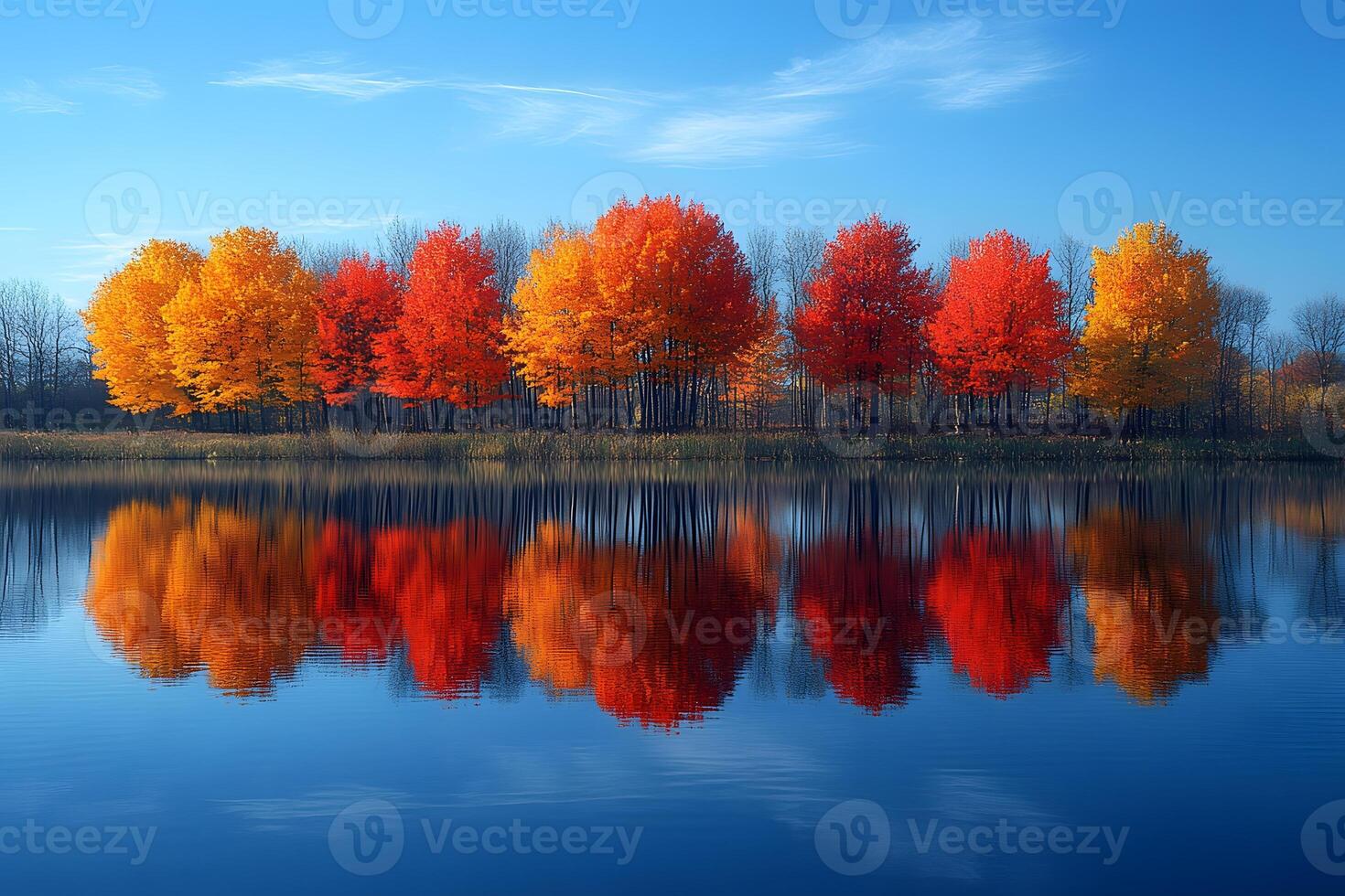 Autumn Trees Reflected in Tranquil Lake under Clear Blue Sky photo