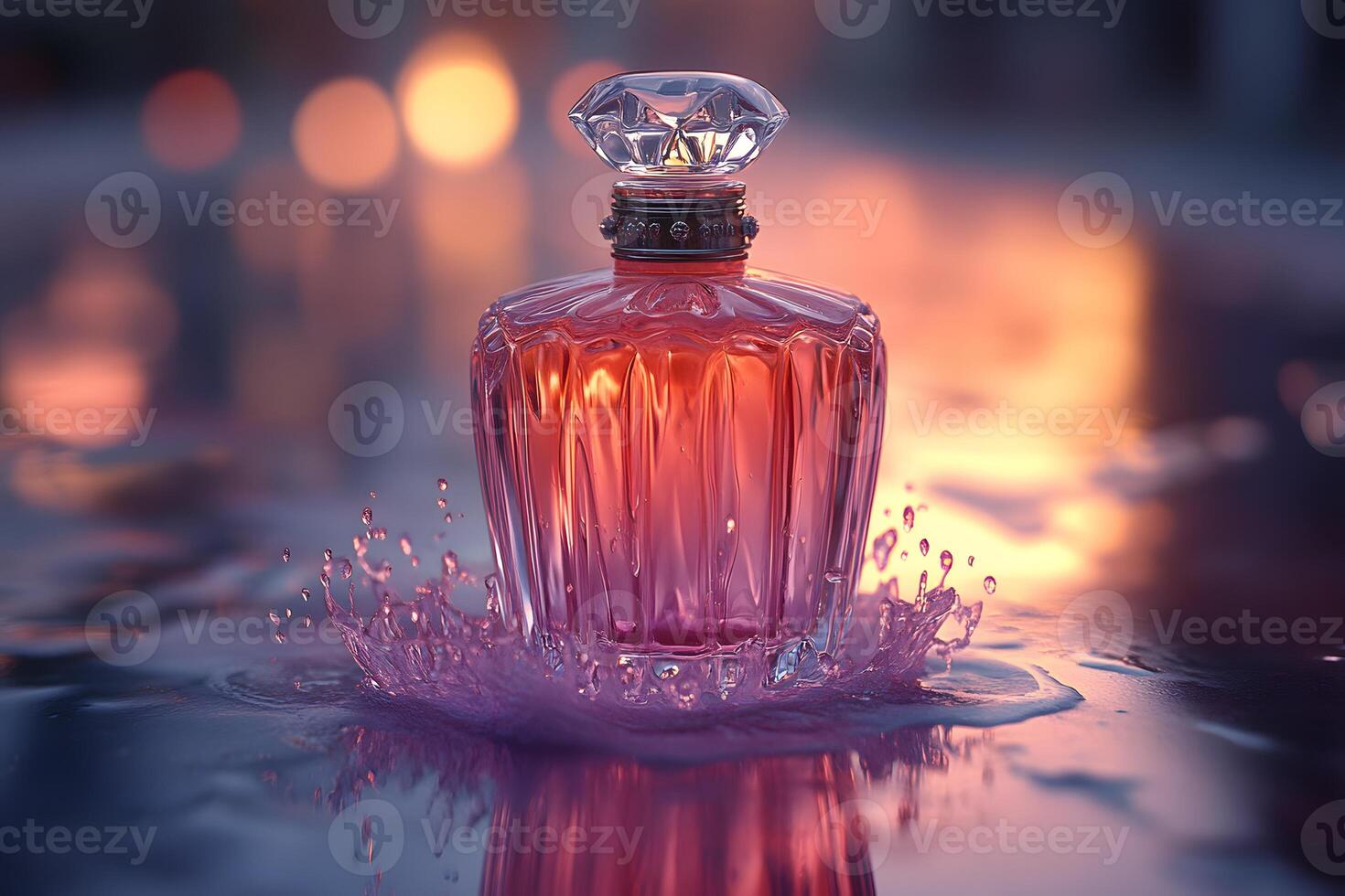 Elegant Perfume Bottle in Sunset Glow with Water Splash for Beauty and Luxury Concepts photo