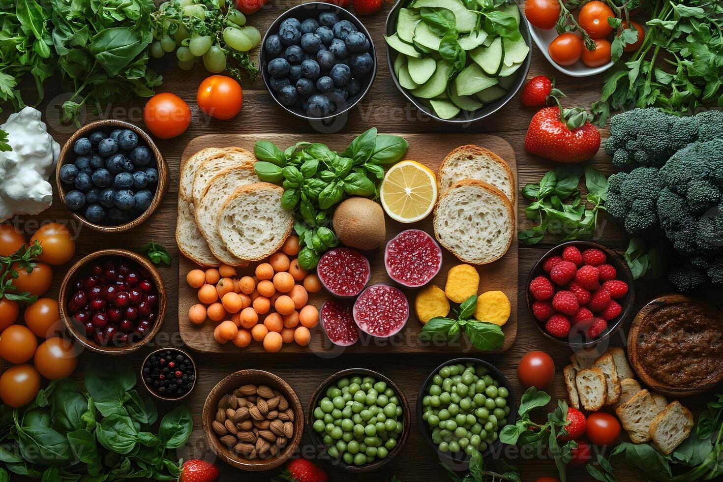 Colorful Fruit and Vegetable Arrangement for Healthy Eating and Meal Planning photo