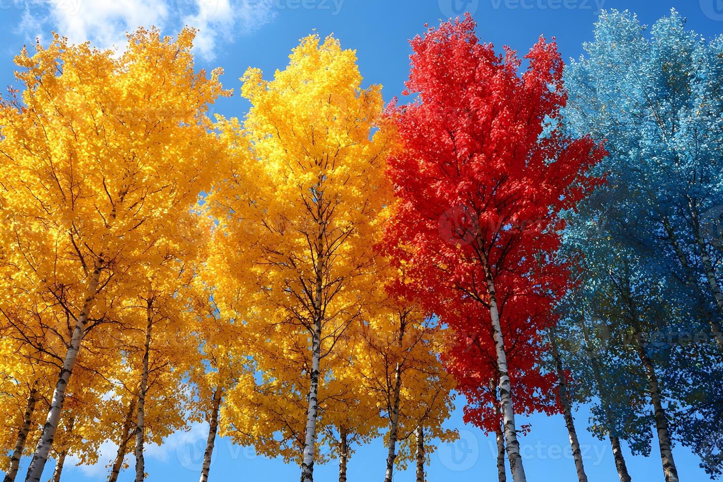 Vibrant Autumn Forest with Multicolored Trees Against Blue Sky - Perfect for Seasonal Design photo