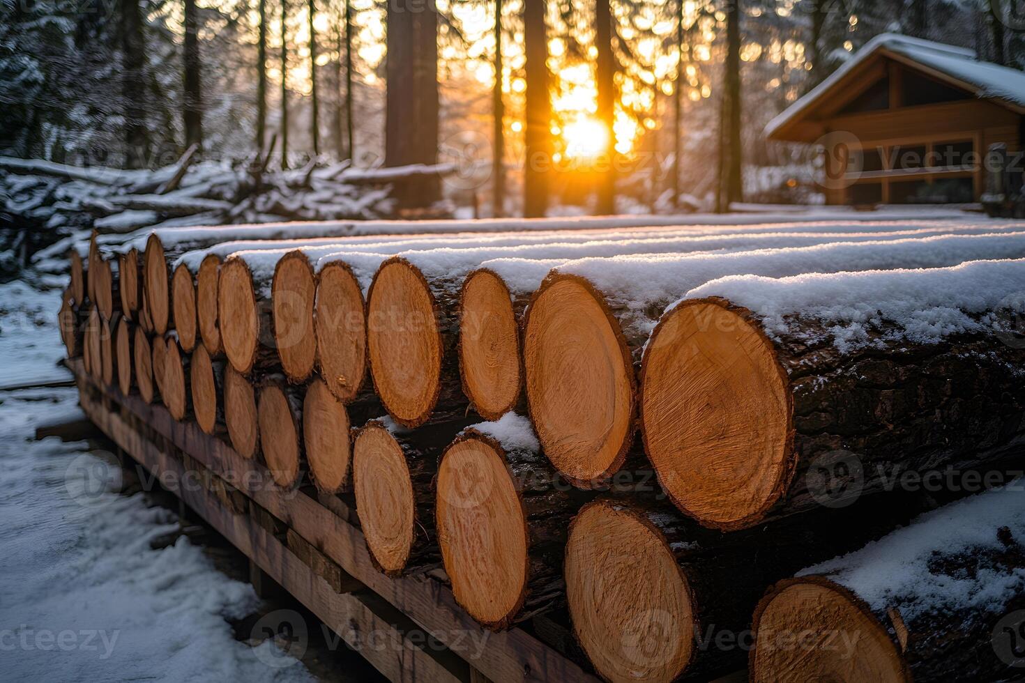 Winter Logging Scene with Snow-Covered Logs and Sunrise in Forest Setting photo