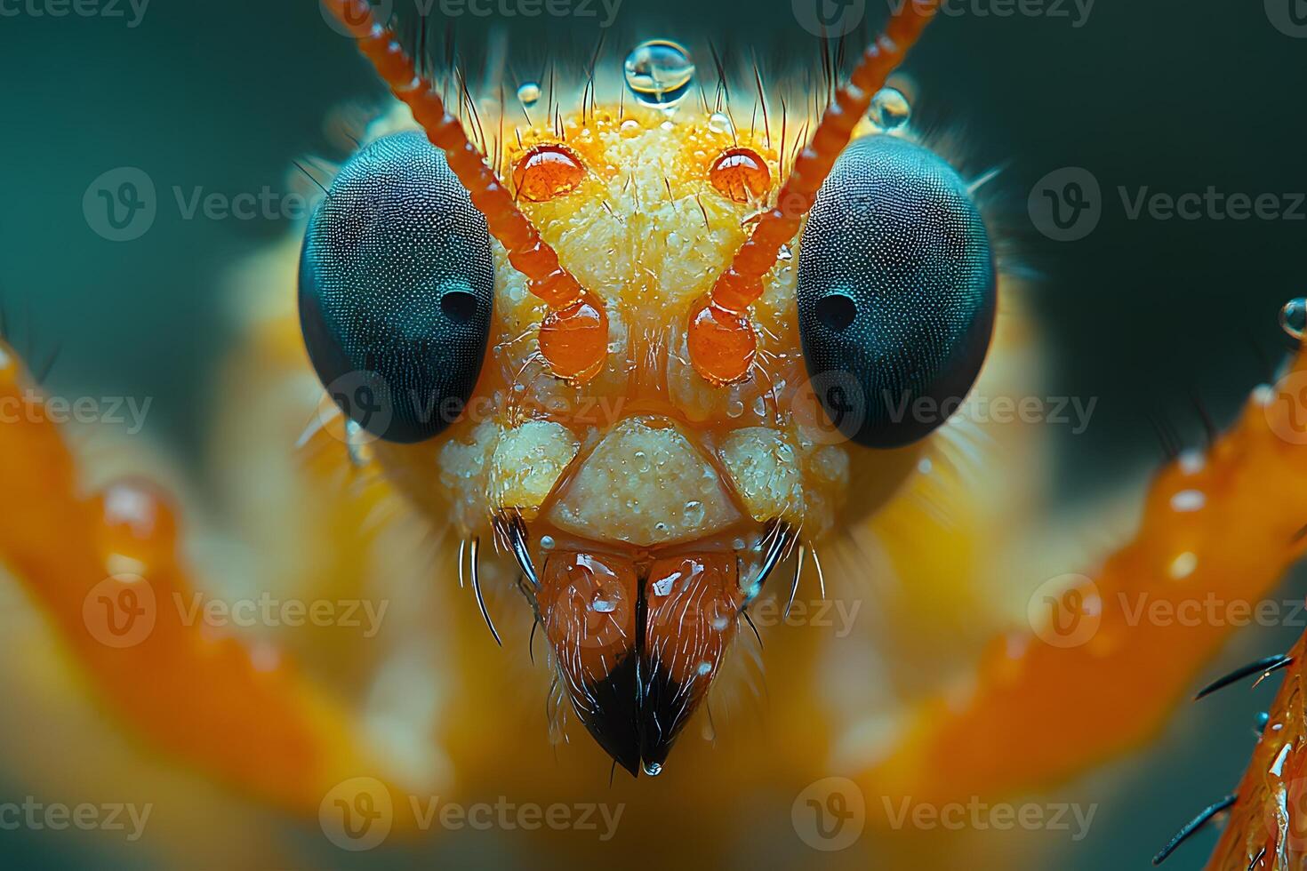 Close-Up of Insect with Water Droplets on Bright Orange Face for Nature Poster photo