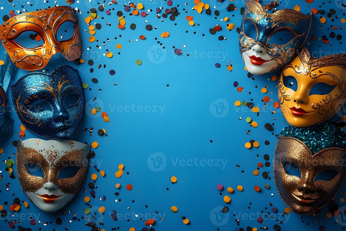 Colorful Venetian Masks and Confetti on Blue Background for Celebration and Festivity Design photo