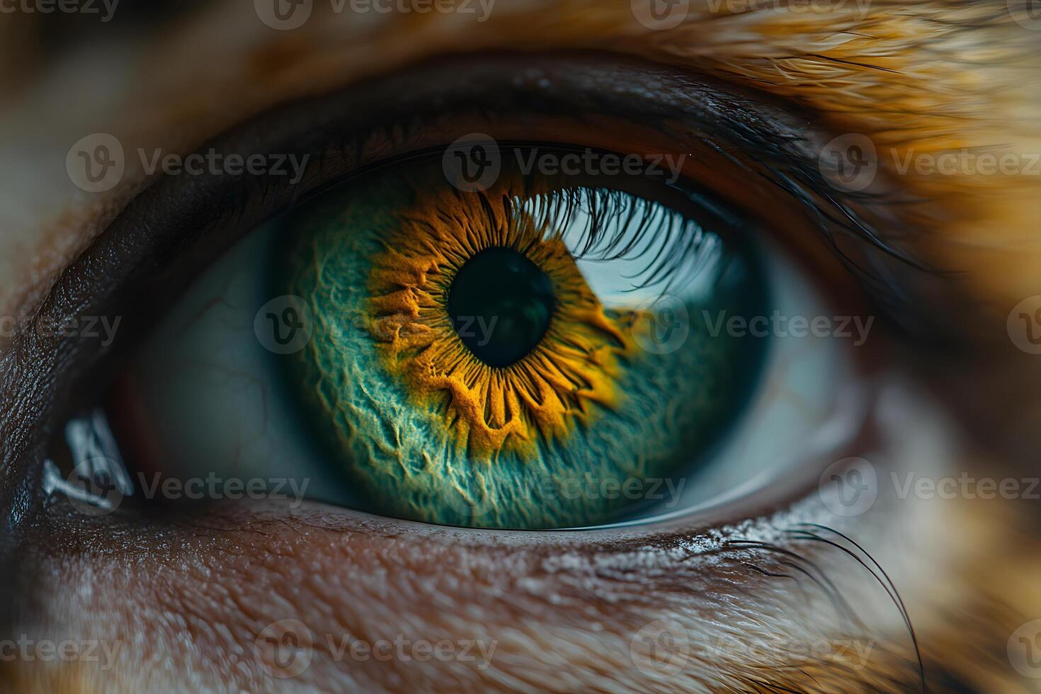 Close-Up Detail of a Cat's Eye with Vivid Colors for Nature and Wildlife Photography photo