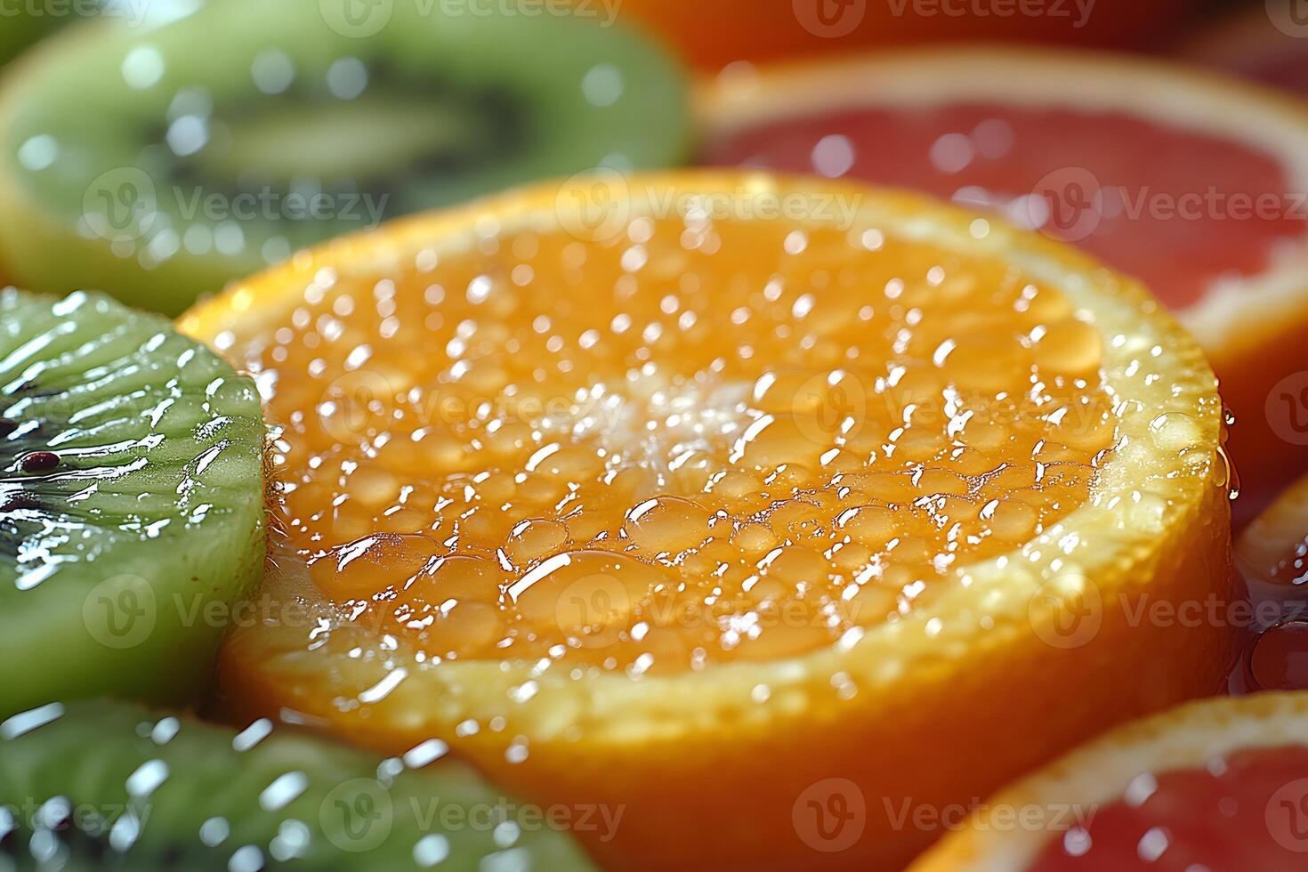 Vibrant Close-Up of Juicy Citrus and Kiwi Slices for Freshness Concept photo