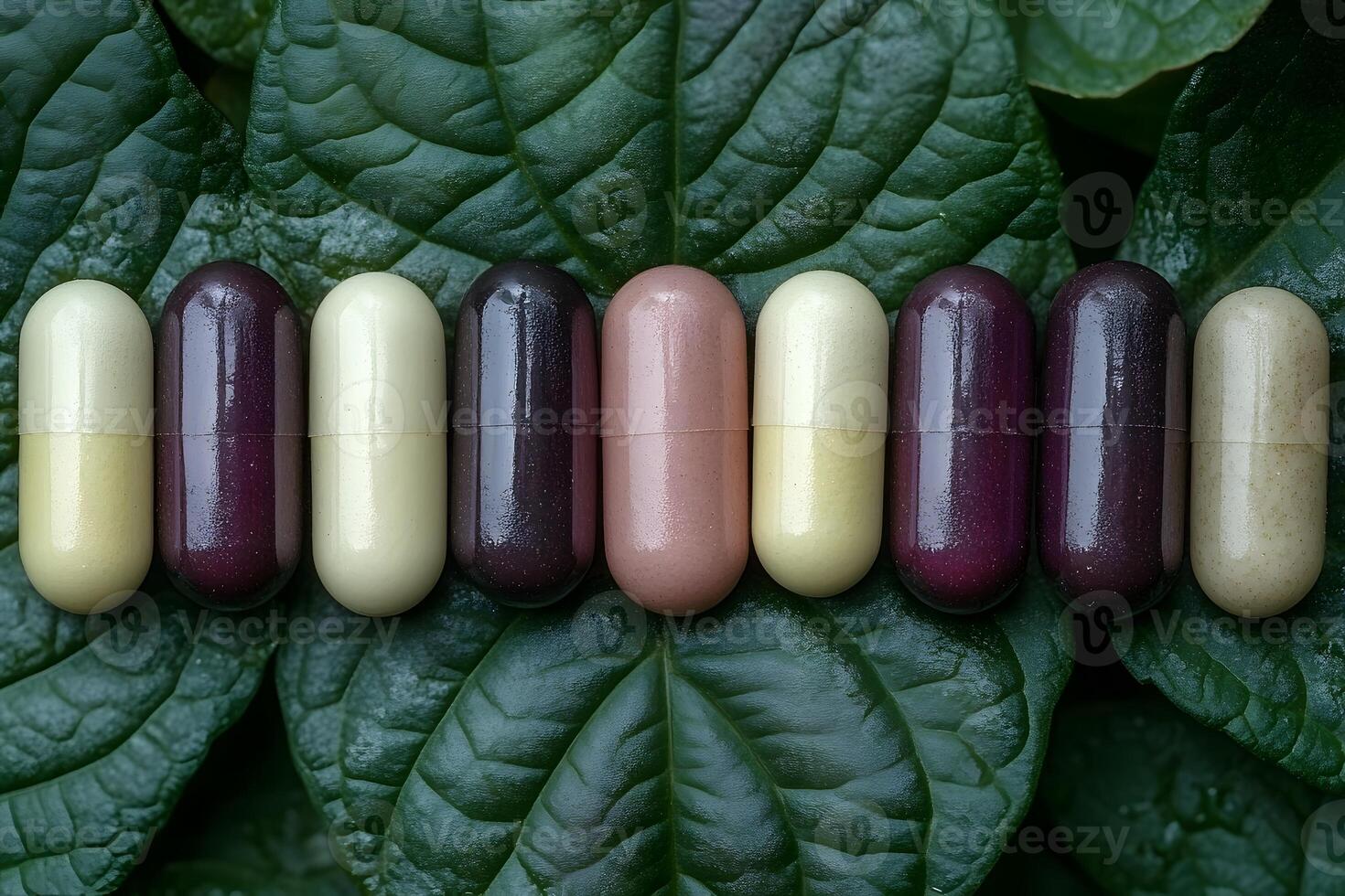 Vibrant Capsules on Green Leaves Background for Wellness and Health Concepts photo