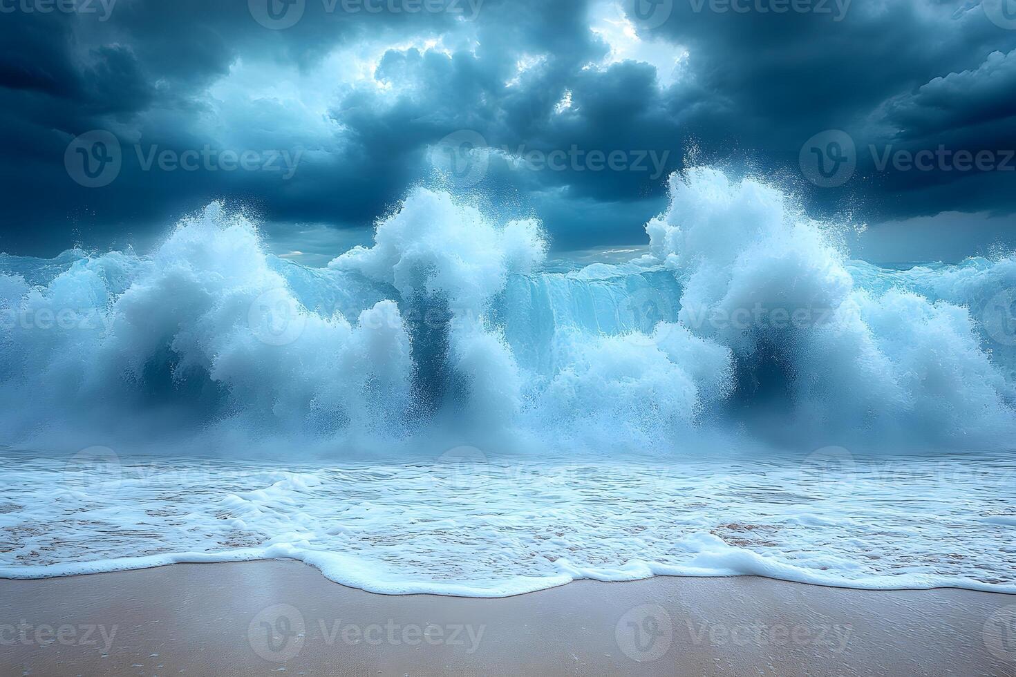 Majestic Ocean Waves Crashing on Sandy Beach Under Stormy Sky - Design for Nature Posters photo