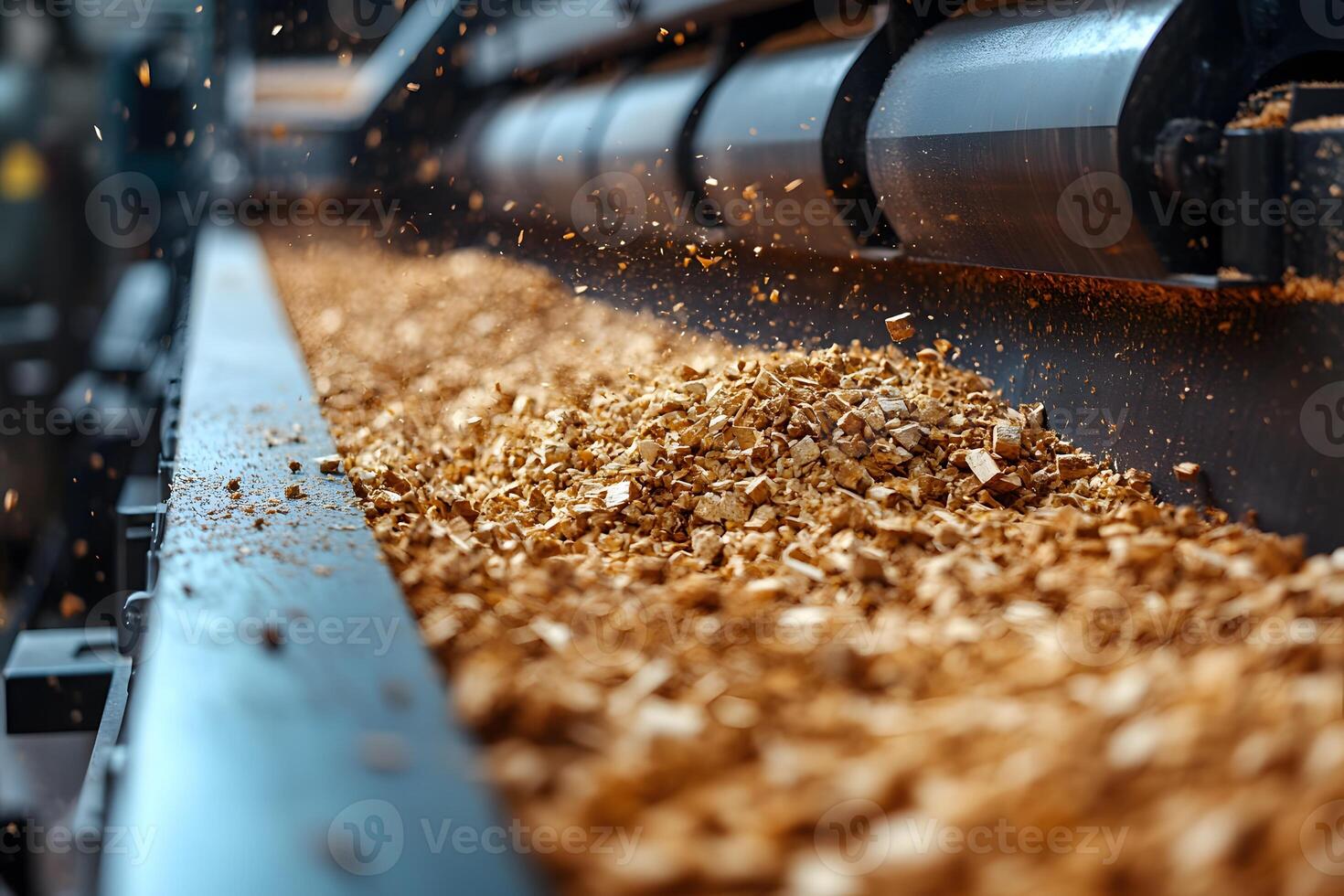 Industrial Wood Chipping Process Showing Dynamic Movement and Precision for Renewable Energy Production photo