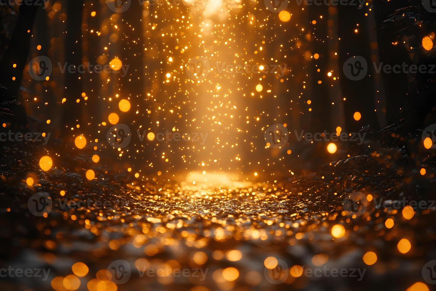 Enchanting Forest Pathway Illuminated by Golden Bokeh Lights for Fantasy and Meditation Themes photo
