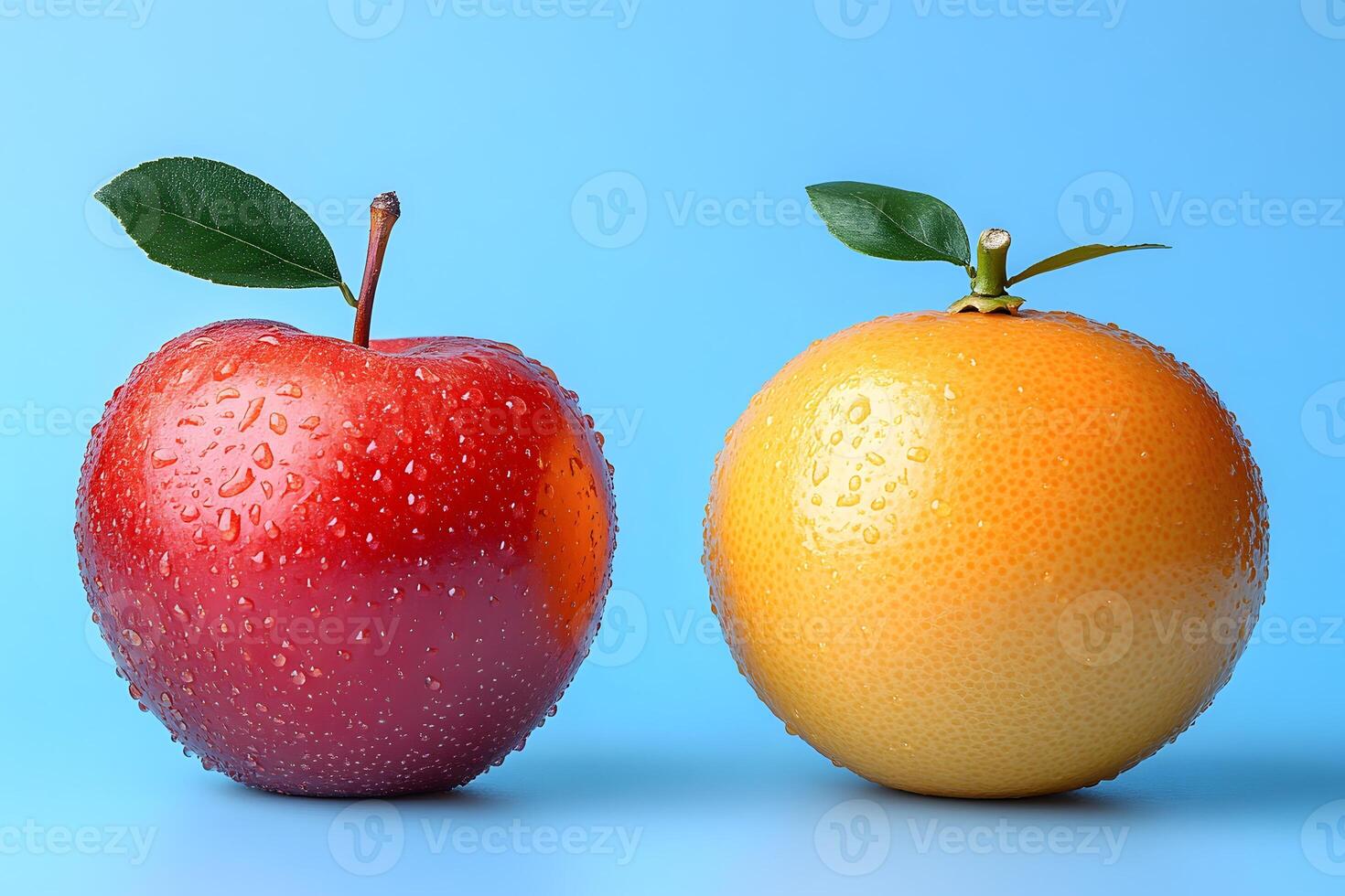 Vibrant Red Apple and Yellow Orange Against Blue Background for Design and Print photo