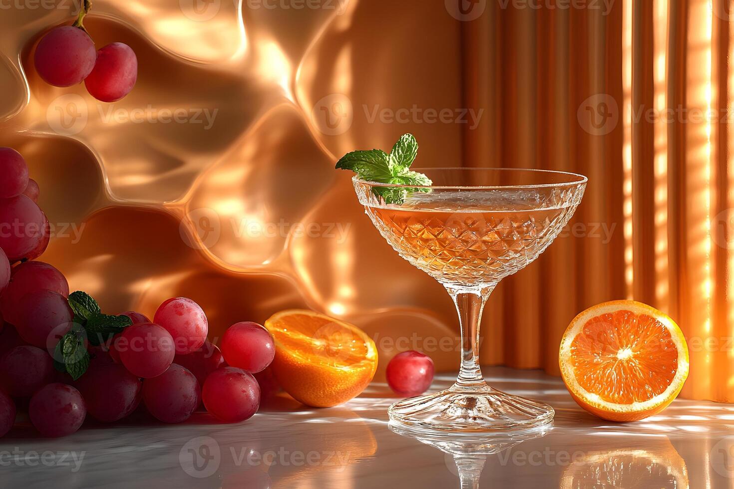 Elegant Cocktail with Mint Garnish Surrounded by Grapes and Oranges in a Warm Setting for Beverage Design photo